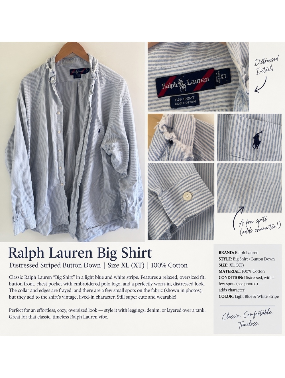 Vintage Ralph Lauren Big Shirt XL White Striped Distressed Oxford Button Down